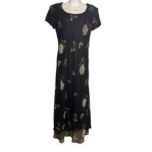 VTG Jessica Howard Black Floral Short Sleeve Floor Length Dress Women's Size 10